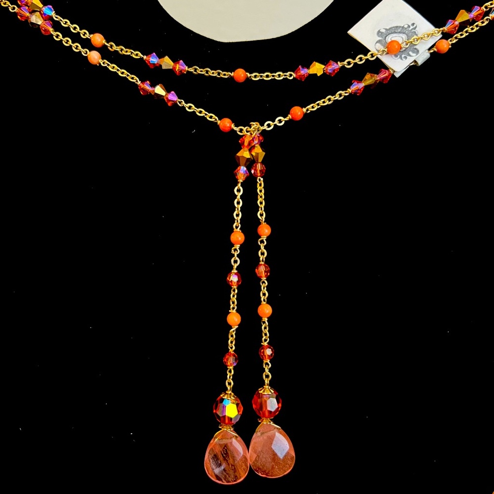 Lariat Gold Fill Swarovski Crystal and Coral hand made necklace